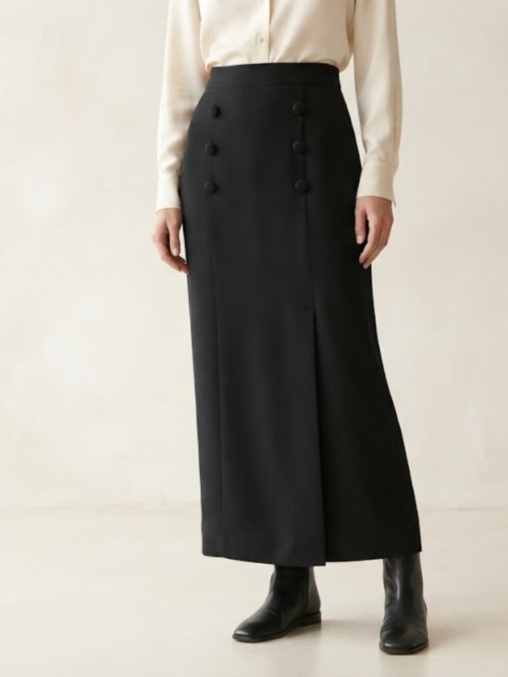 Vintage Classic Black Maxi Skirt with Covered Button Detail